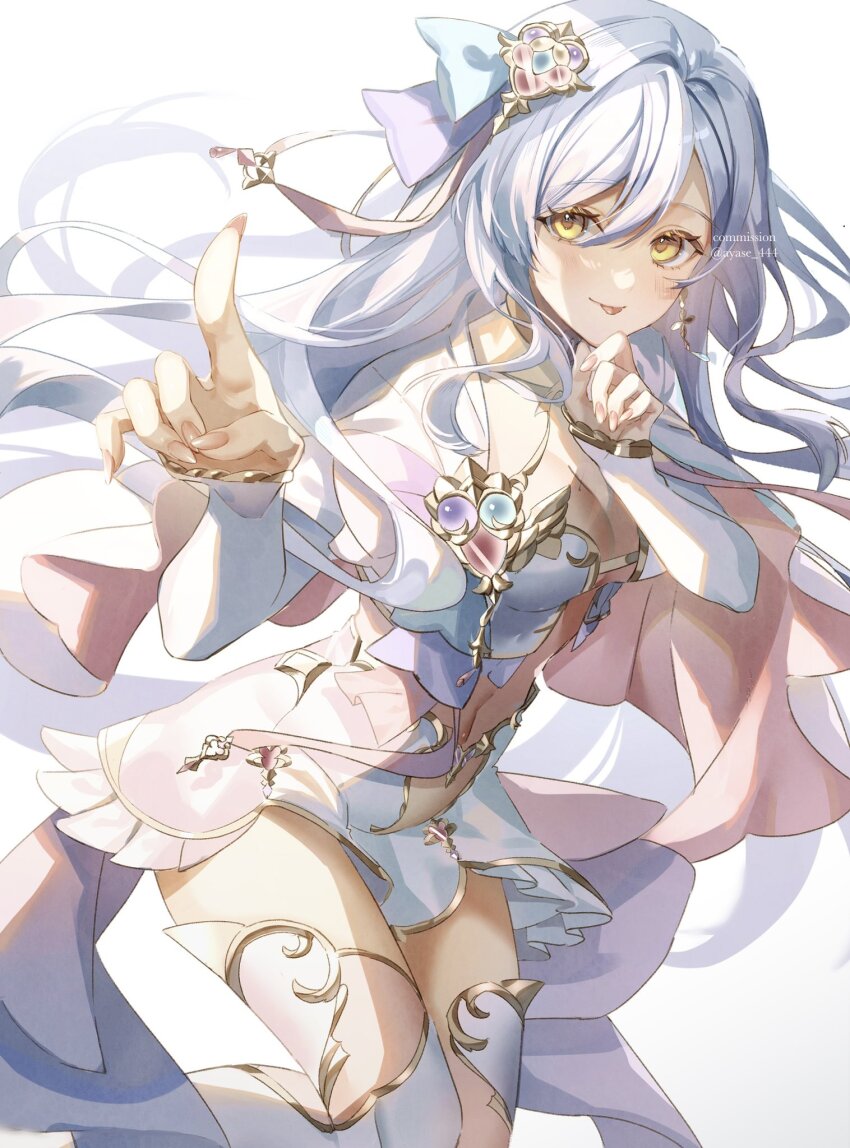 1girl, allipaca, ayase_444, breasts, capelet, cleavage, commentary_request, commission, cropped_shirt, earrings, gold_trim, hair_ornament, highres, index_finger_raised, indie_virtual_youtuber, jewelry, long_hair, long_sleeves, medium_breasts, navel, pointing, pointing_at_viewer, shirt, shorts, simple_background, single_earring, skeb_commission, solo, tongue, tongue_out, virtual_youtuber, white_background, white_capelet, white_hair, white_shirt, white_shorts, white_sleeves, yellow_eyes