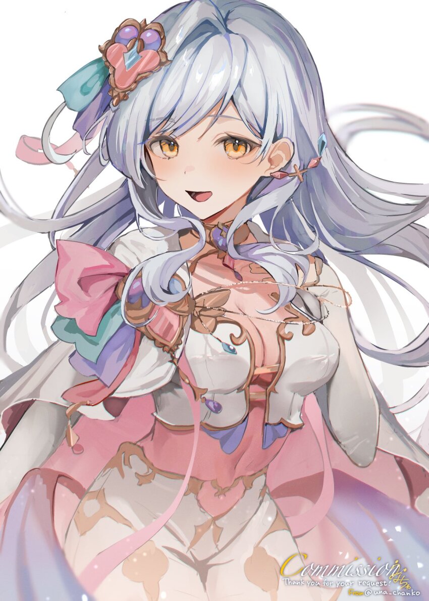 1girl, allipaca, breasts, capelet, cleavage, commentary_request, commission, cropped_shirt, earrings, gold_trim, hair_ornament, highres, indie_virtual_youtuber, jewelry, long_hair, long_sleeves, looking_at_viewer, medium_breasts, navel, open_mouth, shirt, shorts, simple_background, single_earring, skeb_commission, smile, solo, unacha, virtual_youtuber, white_background, white_capelet, white_hair, white_shirt, white_shorts, white_sleeves, yellow_eyes