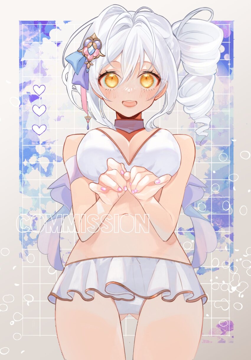 1girl, allipaca, banbanjiiiiiii, bare_shoulders, bikini, breasts, choker, cleavage, commission, drill_hair, feet_out_of_frame, hair_ornament, highres, indie_virtual_youtuber, large_breasts, long_hair, looking_at_viewer, navel, open_mouth, pink_nails, side_drill, single_drill, skeb_commission, solo, swimsuit, virtual_youtuber, white_bikini, white_choker, white_hair, yellow_eyes