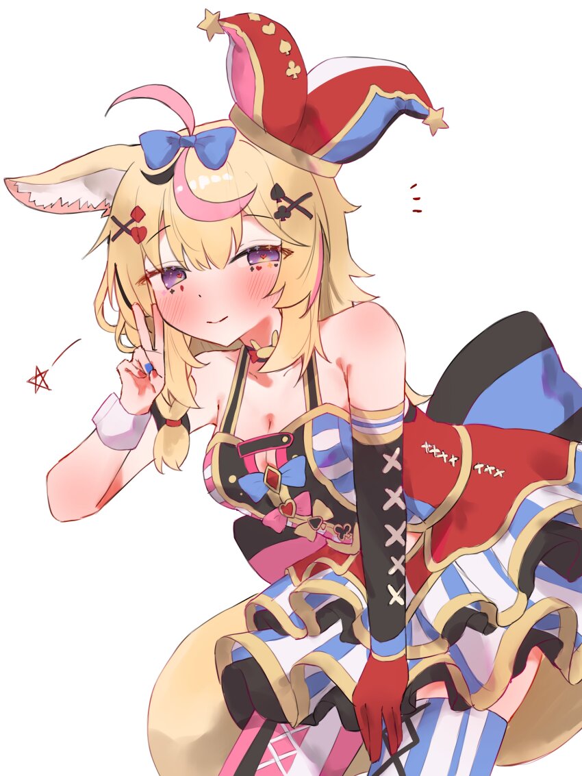 1girl, absurdres, animal_ears, black_streaks, blonde_hair, blue_nails, blush, breasts