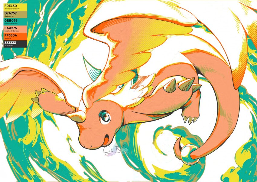 claws, cloud, colorbrews, colored_skin, commentary, dragon, dragonite, english_commentary, feathered_wings, flying, gen_1_pokemon, green_eyes, head_wings, highres, horns, mega_dragonite, mega_pokemon, nintendo, no_humans, open_mouth, orange_skin, pokemon, pokemon_(creature), pokemon_focus, single_horn, smile, tail, wings