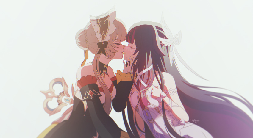 2girls, absurdres, arm_ribbon, bare_shoulders, black_bow, black_collar, black_hair, black_sleeves