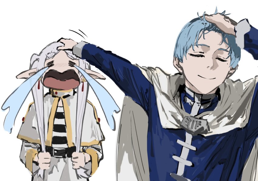 1boy, 1girl, =_=, blue_hair, cape, capelet, closed_eyes, closed_mouth