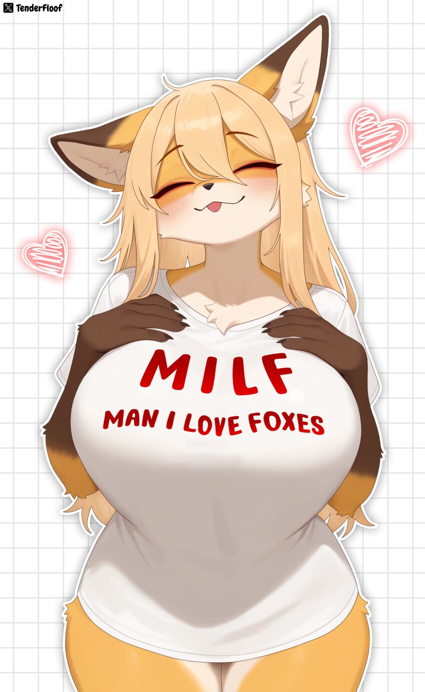 1girl, absurdres, animal_ear_fluff, animal_ears, animal_nose, black_fur, blonde_hair, blush, bottomless, breasts, closed_eyes, closed_mouth, commentary, cowboy_shot, double-parted_bangs, english_commentary, fox_ears, fox_girl, furry, furry_female, grid_background, hands_on_own_chest, heart, highres, huge_breasts, keiko_(tenderfloof), orange_fur, original, outline, shirt, simple_background, snout, solo, tenderfloof, thick_thighs, thighs, thighs_together, three-toned_fur, tongue, tongue_out, twitter_username, white_background, white_fur, white_outline, white_shirt, wide_hips