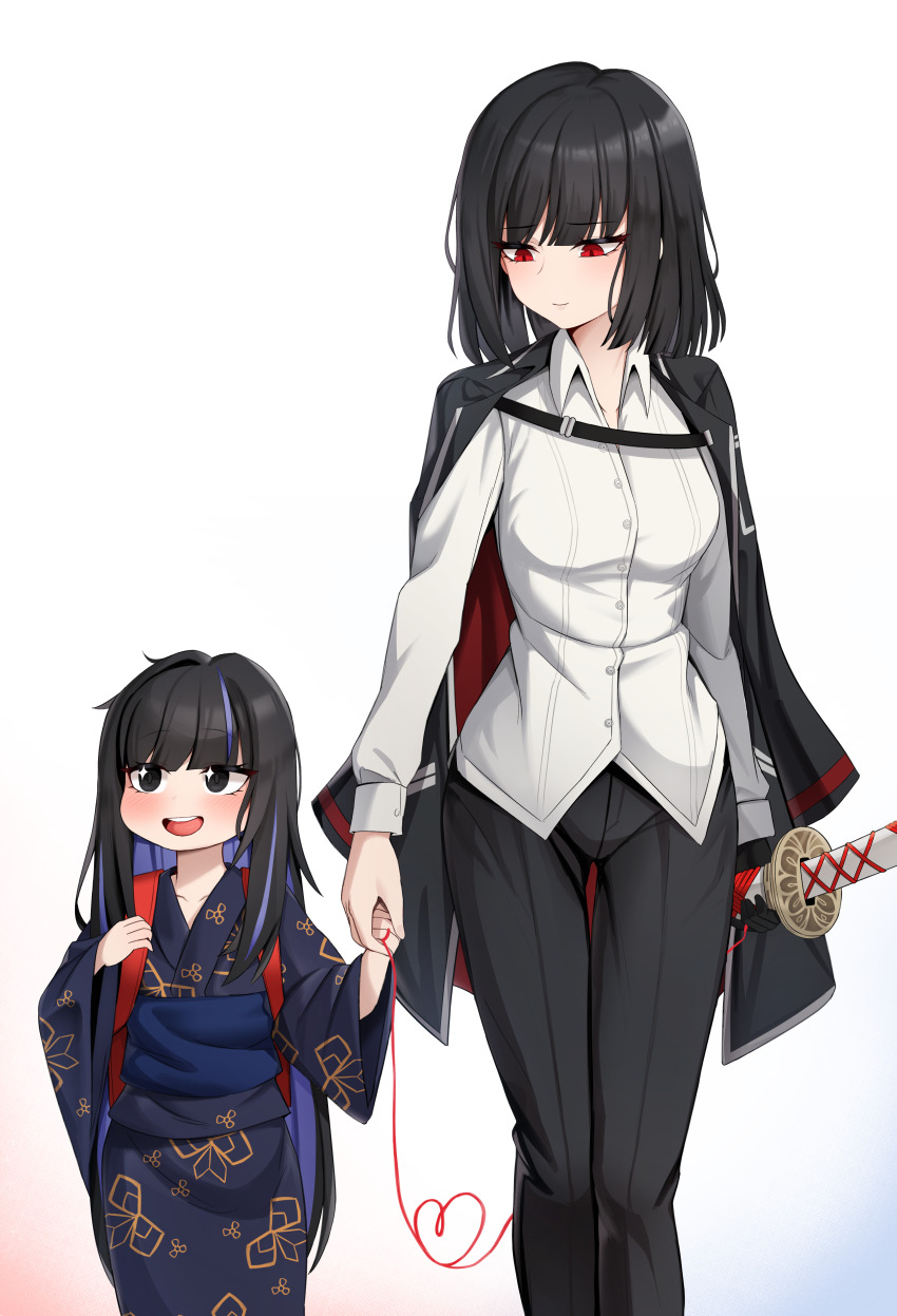 2girls, absurdres, araya_(project_moon), backpack, bag, black_hair, black_jacket, black_pants, blue_hair, blush, breasts, buttons, collared_shirt, commentary_request, highres, holding_hands, jacket, jacket_on_shoulders, japanese_clothes, kimono, kisa_(leg3043), korean_commentary, lcb_uniform_(project_moon), limbus_company, long_hair, looking_at_another, looking_to_the_side, medium_hair, mother_and_child, mother_and_daughter, multicolored_hair, multiple_girls, open_mouth, pants, parent_and_child, project_moon, randoseru, red_bag, red_eyes, ryoshu_(project_moon), sheath, sheathed, shirt, small_breasts, smile, star-shaped_pupils, star_(symbol), streaked_hair, string, sword, symbol-shaped_pupils, teeth, two-tone_hair, upper_teeth_only, weapon, white_shirt
