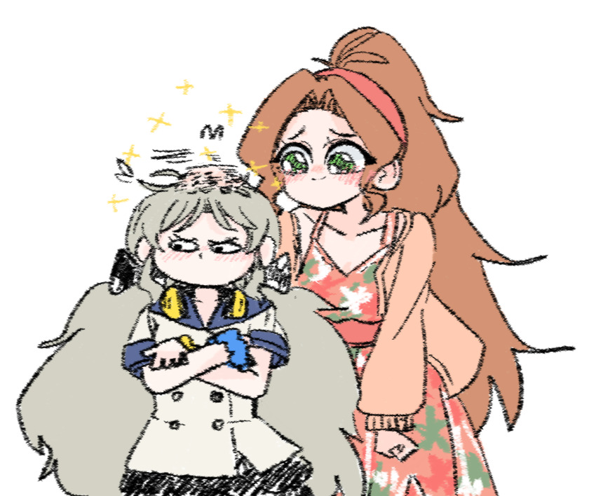 2girls, aromdami, blush, brown_hair, cardigan, collarbone, commentary_request, crossed_arms