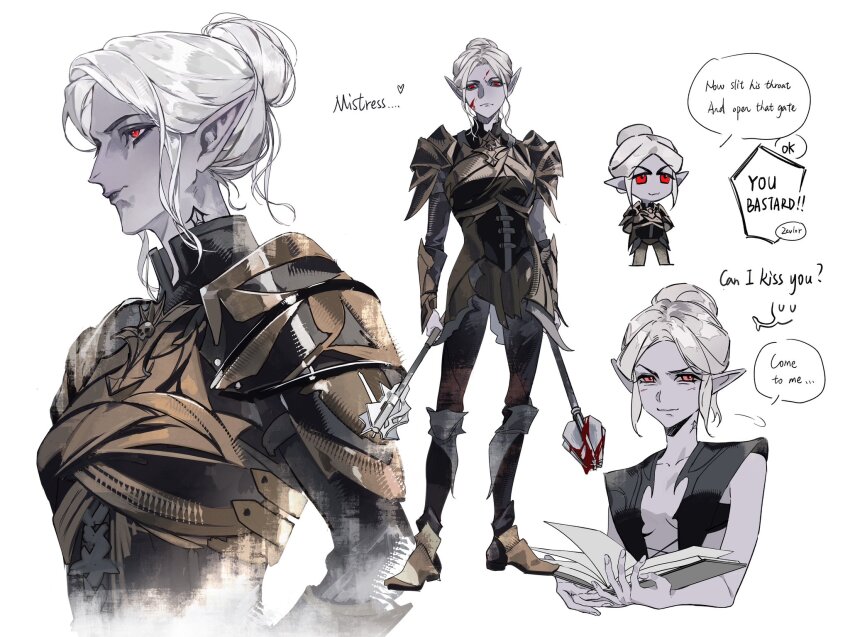 1girl, armor, baldur's_gate, baldur's_gate_3, blood, blood_on_face, bloody_weapon, book