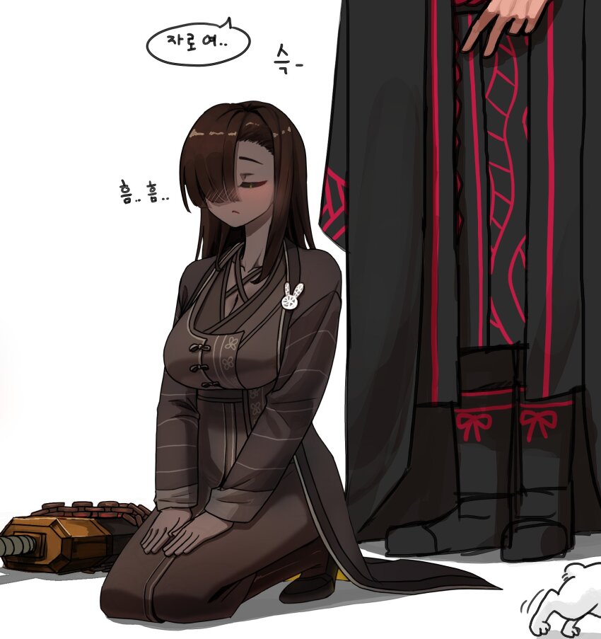 1boy, 1girl, 99dulgi, asymmetrical_bangs, blush, breasts, brown_hair, cleavage