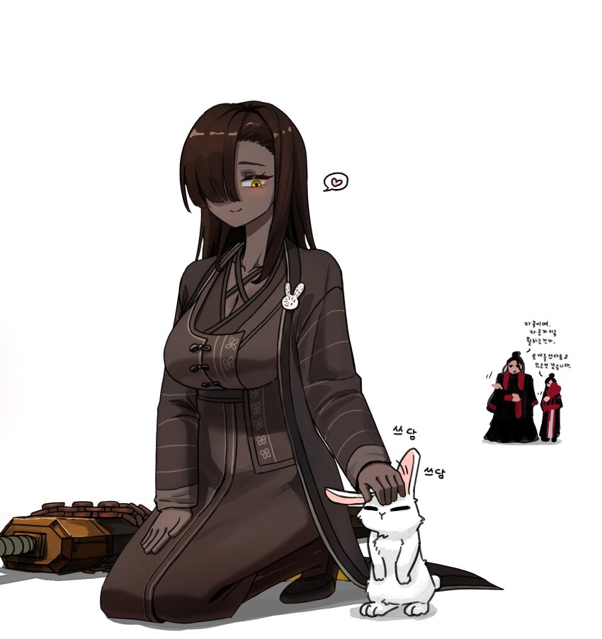 ..., 1boy, 2girls, 99dulgi, asymmetrical_bangs, blush, breasts, brown_hair