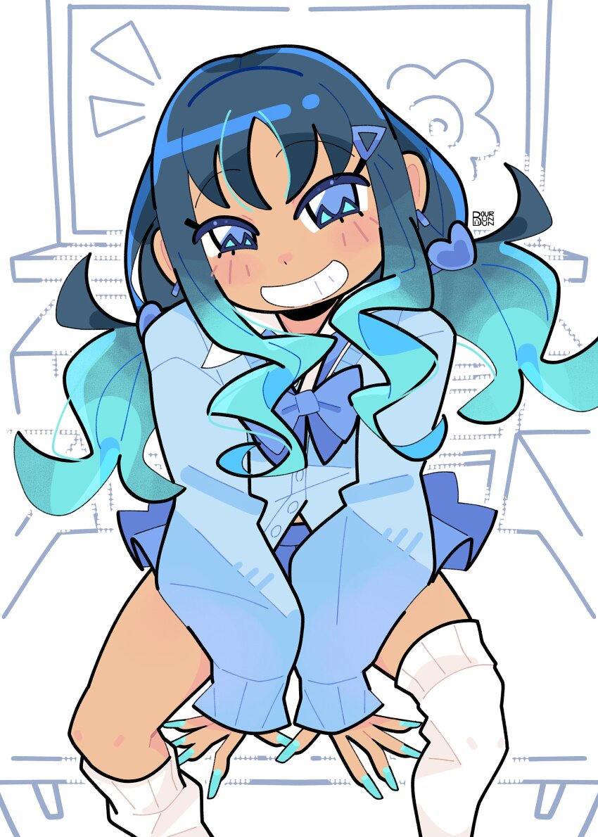 1girl, absurdres, blue_cardigan, blue_eyes, blue_hair, blue_nails, blue_skirt, bourbunbun