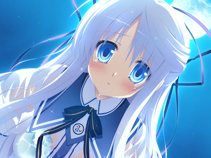 1girl, :o, blue_eyes, blue_hair, blue_theme, blush, bra, close-up, female_focus, full_moon, game_cg, lingerie, long_hair, matching_hair/eyes, moon, narumi_yuu_(bunbukudou), night, oni_gokko!, saionji_otome, see-through_clothes, solo, tears, underwear, wet