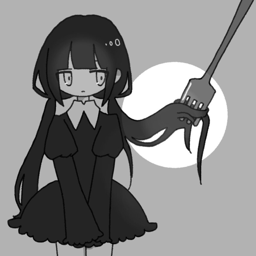 1girl, blunt_bangs, closed_mouth, commentary_request, cowboy_shot, dress, expressionless, fork