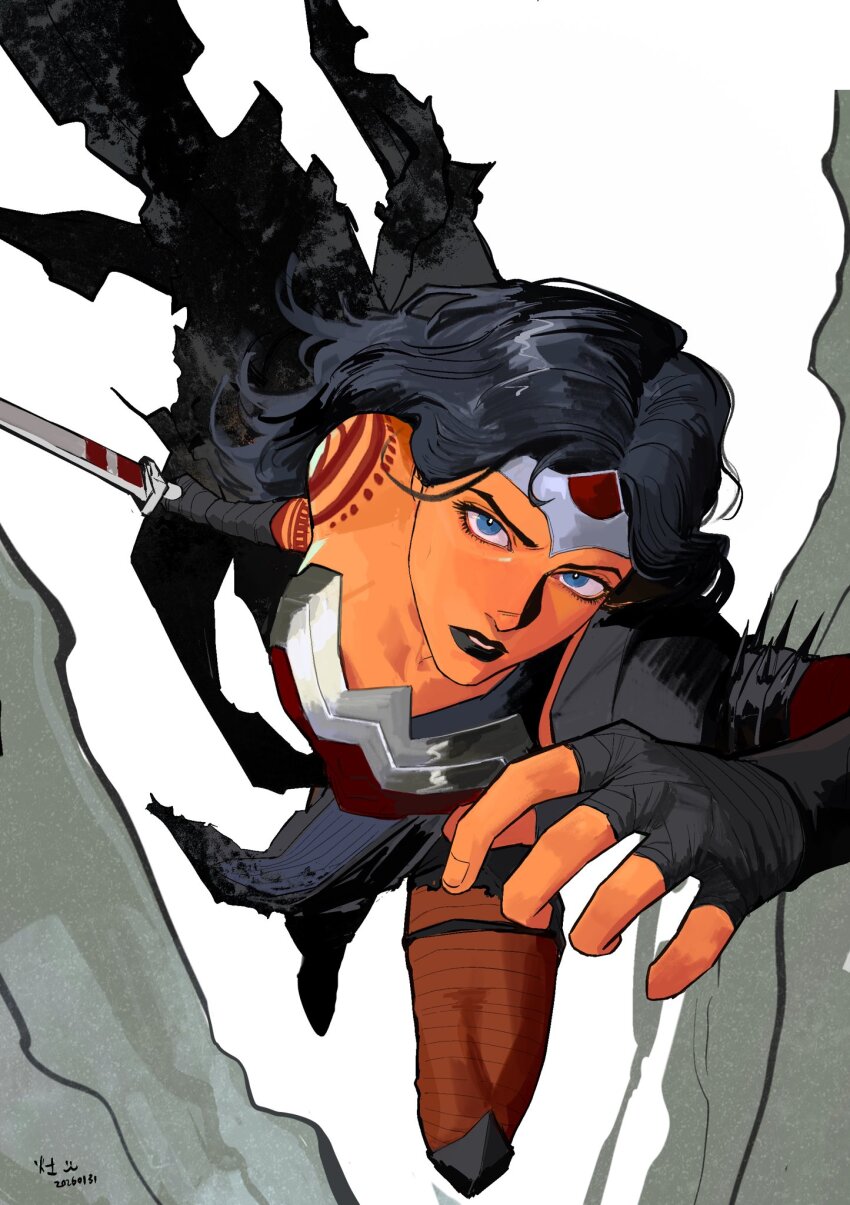 1girl, absolute_dc, absolute_wonder_woman, arm_wrap, black_hair, blue_eyes, bracer, commentary, dark-skinned_female, dark_skin, dc_comics, english_commentary, highres, holding, holding_sword, holding_weapon, long_hair, rwheel0333, superhero_costume, sword, tattoo, tattoo_sleeve, tiara, weapon, wonder_woman