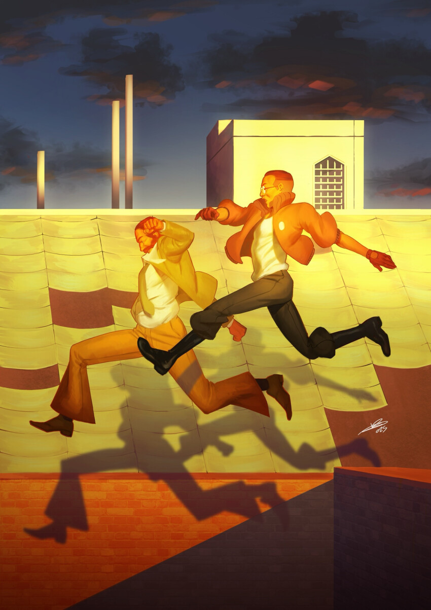 2boys, belly, black_hair, blazer, bomber_jacket, brown_hair, buzz_cut, cloud