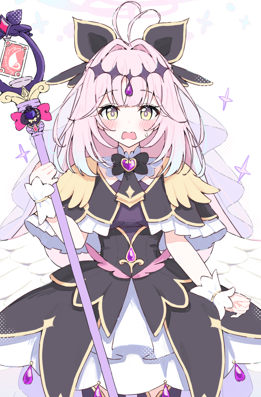 1girl, angel_wings, antenna_hair, black_bow, black_capelet, black_dress, black_thighhighs, blue_archive