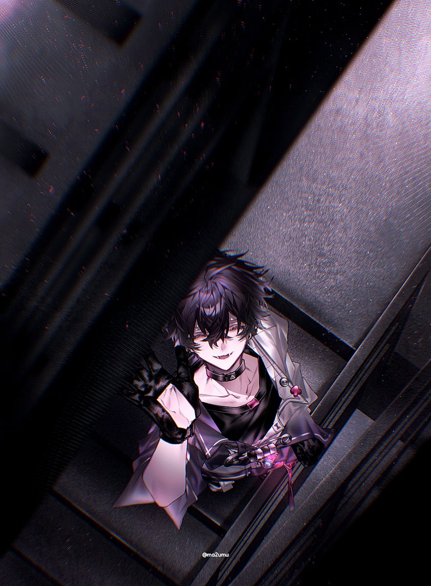 1boy, arm_up, black_choker, black_gloves, black_hair, black_shirt, choker, closed_eyes