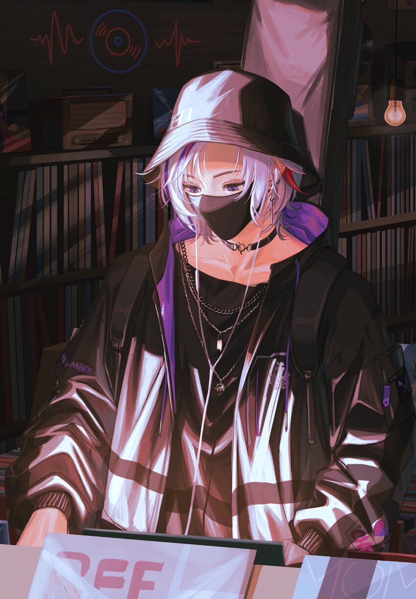 1boy, black_choker, black_hat, black_jacket, black_mask, black_shirt, bucket_hat, ca_mei, chain, chain_necklace, choker, commentary, earphones, earrings, fuwa_minato, fuwa_minato_(9th_costume), grey_hair, hat, highres, indoors, instrument_case, instrument_case_on_back, jacket, jewelry, looking_down, male_focus, mask, mouth_mask, multicolored_hair, necklace, nijisanji, official_alternate_costume, open_clothes, open_jacket, purple_eyes, shirt, short_hair, solo, streaked_hair, upper_body, virtual_youtuber
