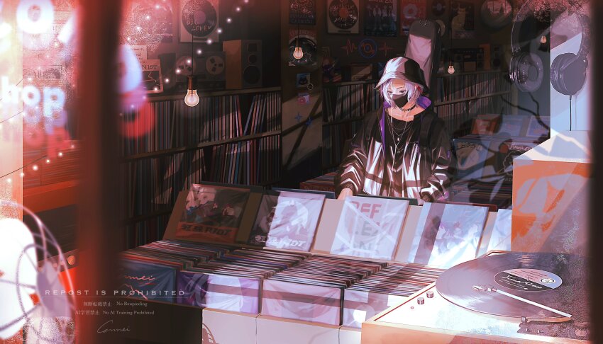 1boy, absurdres, black_choker, black_hat, black_jacket, black_mask, black_shirt, blurry, blurry_foreground, bucket_hat, ca_mei, chain, chain_necklace, choker, earbuds, earphones, earrings, fuwa_minato, fuwa_minato_(9th_costume), grey_hair, hat, headphones, highres, indoors, instrument_case, instrument_case_on_back, jacket, jewelry, light_bulb, long_sleeves, looking_down, male_focus, mask, mouth_mask, multicolored_hair, necklace, nijisanji, official_alternate_costume, open_clothes, open_jacket, poster_(object), shirt, short_hair, solo, streaked_hair, string_of_light_bulbs, upper_body, vinyl_record, virtual_youtuber