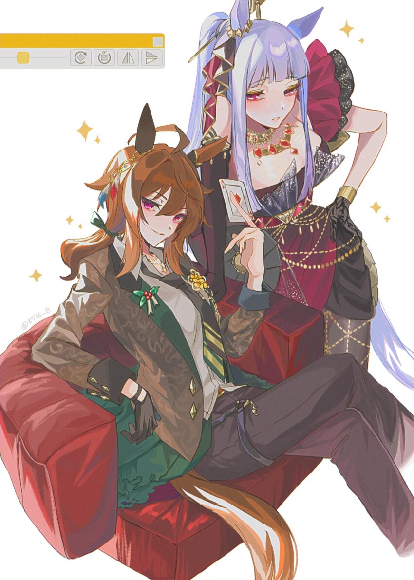 2girls, 8736_b, ace_(playing_card), ace_of_diamonds, ahoge, animal_ears, asymmetrical_dress, asymmetrical_gloves