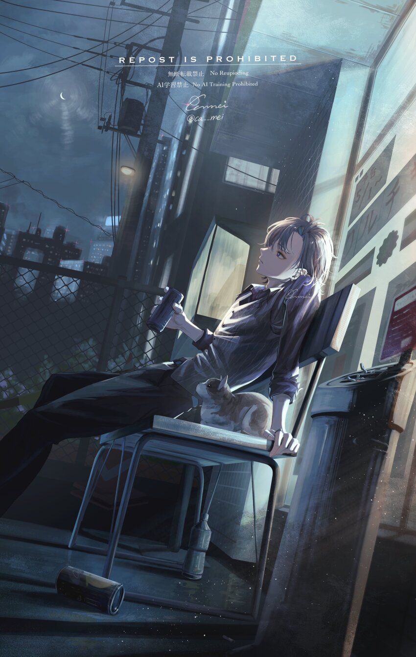 1boy, absurdres, black_pants, bottle, ca_mei, can, cat, chain-link_fence