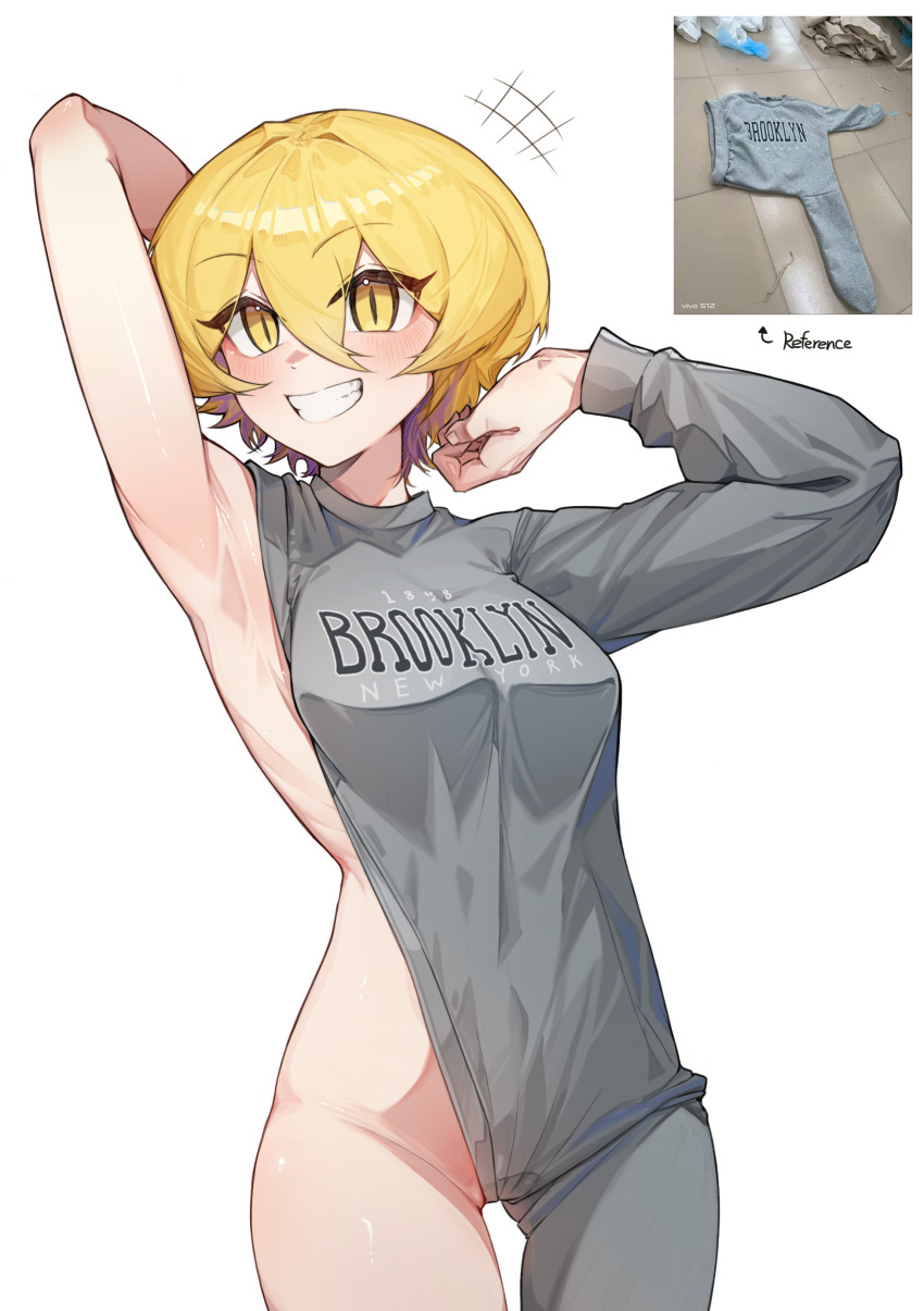 +++, 1girl, absurdres, armpits, arrow_(symbol), blonde_hair, breasts, brooklyn_sweater_(meme), commentary_request, don_quixote_(project_moon), double-parted_bangs, english_text, eyelashes, grey_sweater, hair_between_eyes, highres, jeehyung_seo, large_breasts, limbus_company, photo_inset, print_sweater, project_moon, raised_eyebrows, reference_inset, short_hair, simple_background, slit_pupils, smile, solo, standing, sweater, teeth, white_background, yellow_eyes