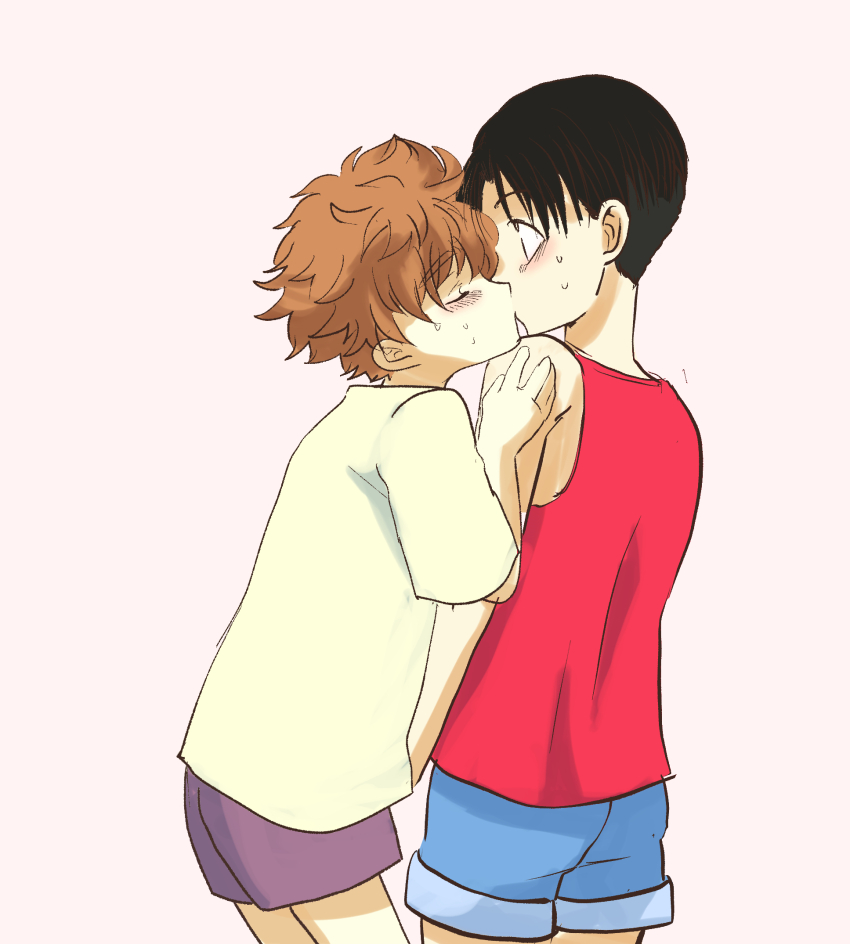 2boys, asamine_matakara, black_hair, blush, brown_hair, bucchigiri?!, child, commentary_request, cropped_legs, highres, kiss, kodomo_doushi, male_focus, multiple_boys, profile, red_tank_top, shirt, short_hair, shorts, sweatdrop, tank_top, tomoshibi_arajin, upper_body, yaoi, ywrywrywro