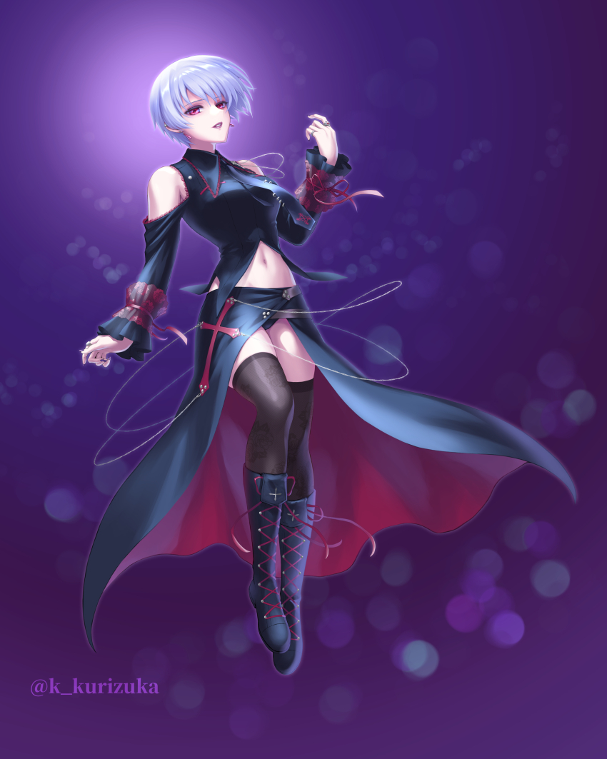 1girl, absurdres, bare_shoulders, belt, black_cape, black_panties, black_thighhighs, blue_hair