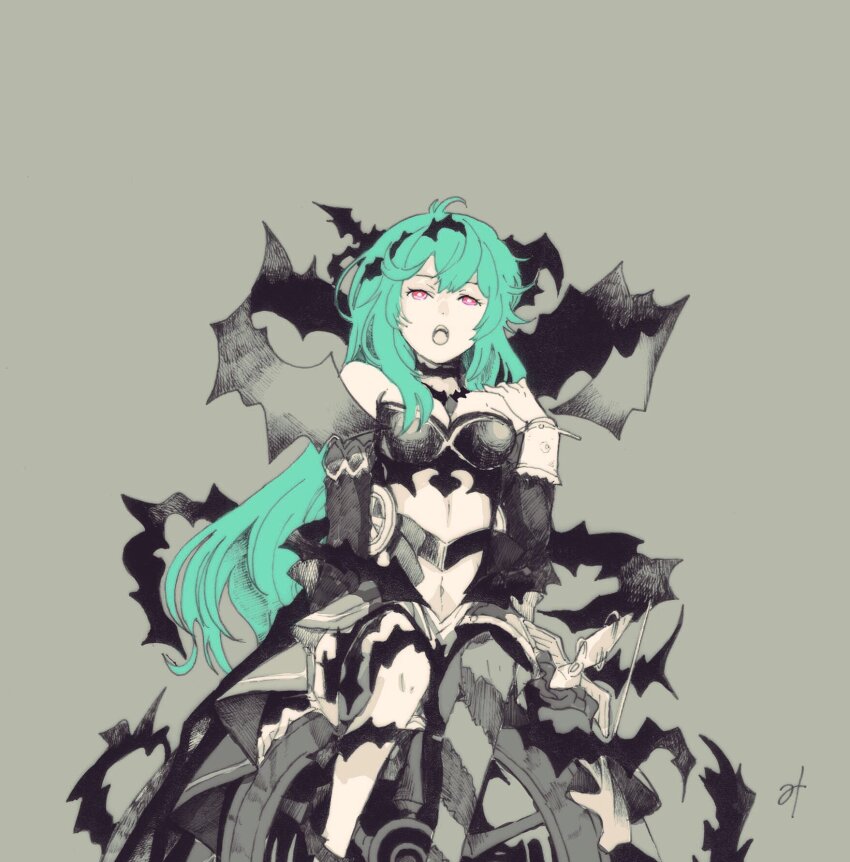 1girl, aqua_hair, bad_id, bad_pixiv_id, bare_shoulders, breasts, bright_pupils, cannon