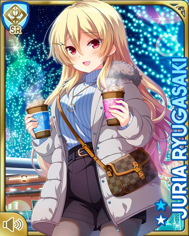 1girl, :d, black_shorts, blonde_hair, card_(medium), character_name, coat, cup