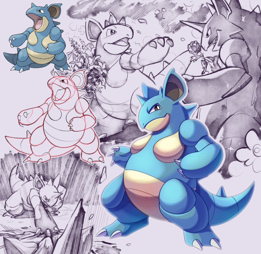 animal_ears, blue_skin, breasts, claws, colored_skin, commentary_request, earthquake_(pokemon), flower, gen_1_pokemon, highres, holding, horns, leaf, nidoking, nidoqueen, nintendo, no_humans, open_mouth, pokemon, pokemon_(creature), pokemon_firered_and_leafgreen, rose, shoupitsuki, single_horn, sketch, spines, standing, tail