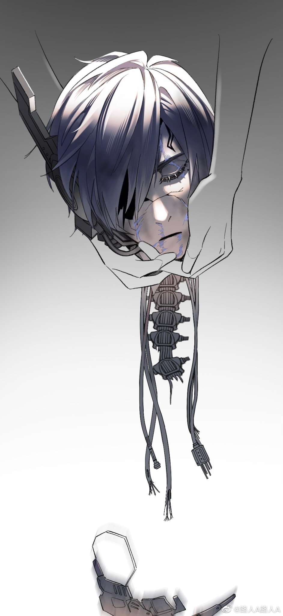1boy, 1other, android, blood, blood_on_face, blue_blood, blue_hair, cable