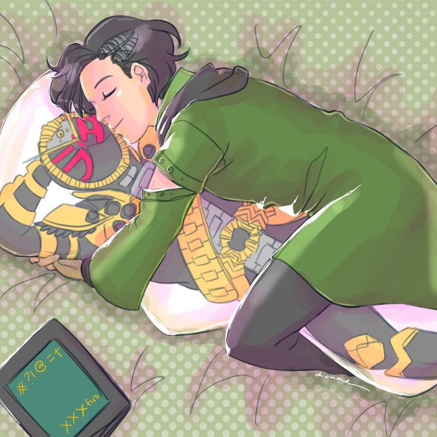 1boy, armor, bed, bed_sheet, belt, black_hair, book, clock