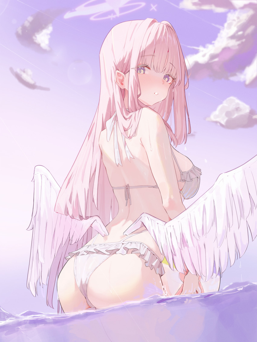 1girl, absurdres, angel_wings, ass, banpen, bikini, blue_archive, breasts
