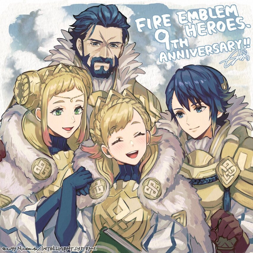 2boys, 2girls, alfonse_(fire_emblem), alfonse_(heir_to_openness)_(fire_emblem), anniversary, beard, blonde_hair, blue_hair