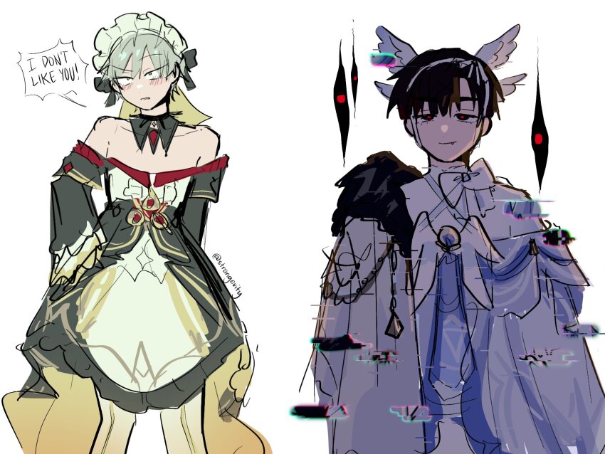 2boys, alien_stage, bare_shoulders, black_dress, black_eyes, black_hair, columbina_(genshin_impact), columbina_(genshin_impact)_(cosplay)