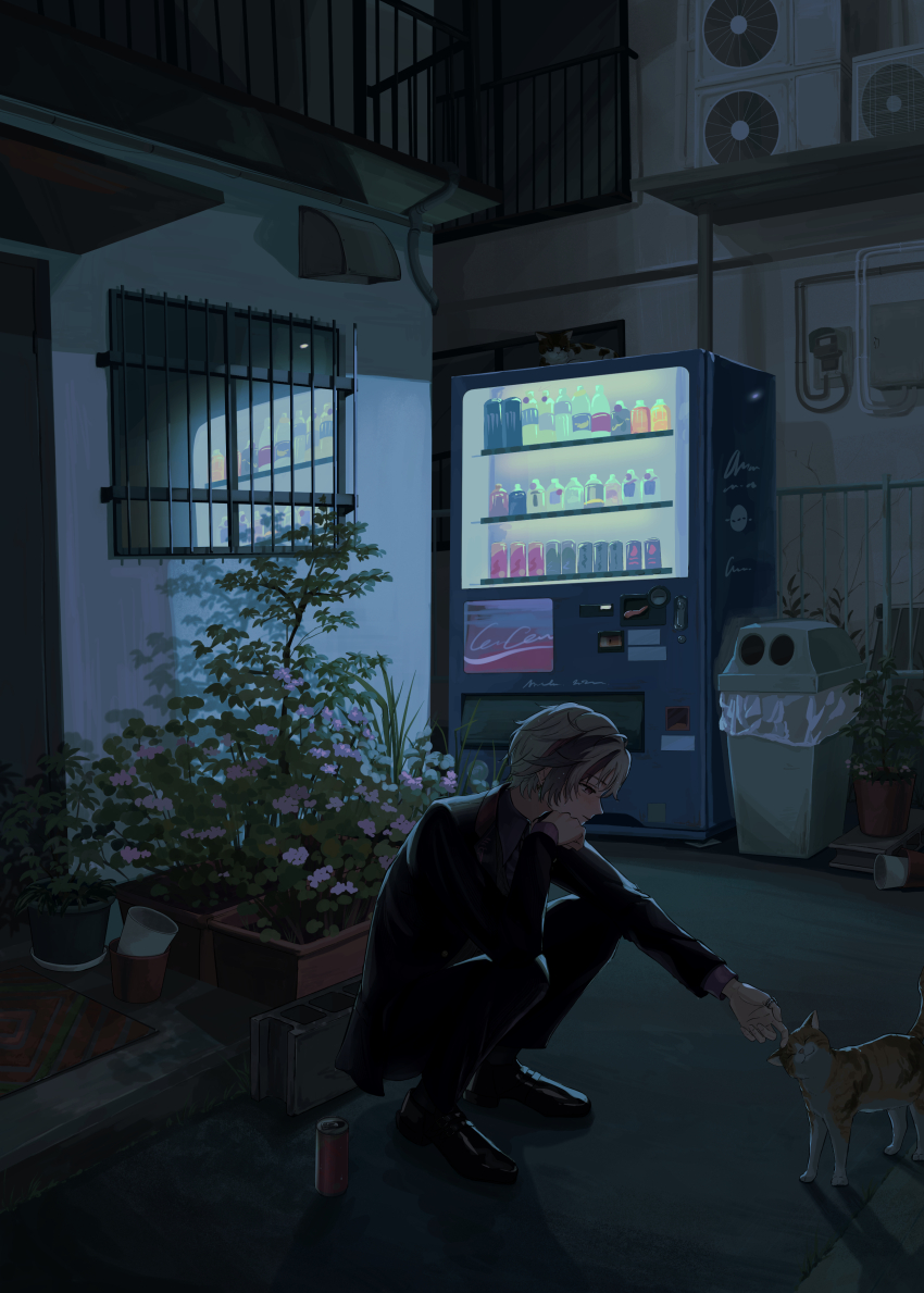 1boy, absurdres, barred_window, black_jacket, black_pants, ca_mei, can, cat