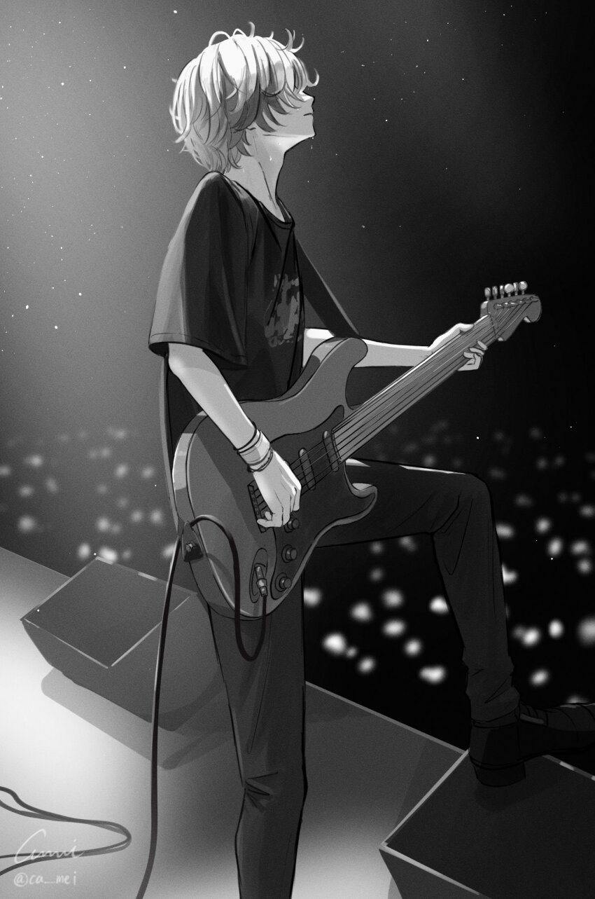 1boy, alternate_costume, black_shirt, bracelet, ca_mei, electric_guitar, facing_away, fuwa_minato