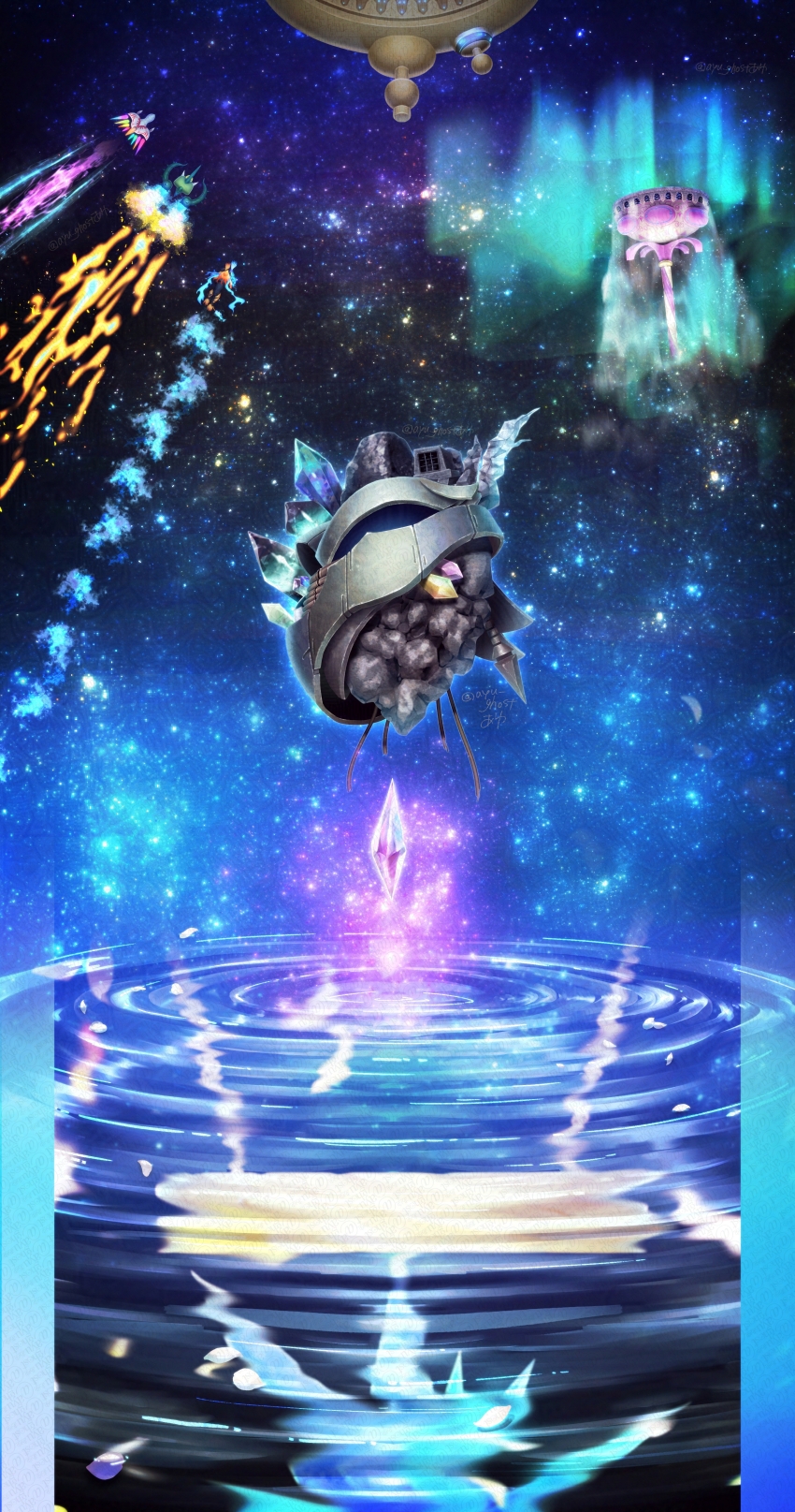 absurdres, blue_fire, commentary_request, crystal_shards, darkkeroro, dragoon_(kirby), fire, flying, fountain_of_dreams, galactic_nova, highres, hydra_(kirby), kirby_(series), kirby_air_ride, kirby_air_riders, leo_(kirby), nintendo, no_humans, ripples, space, star_(sky), zorah