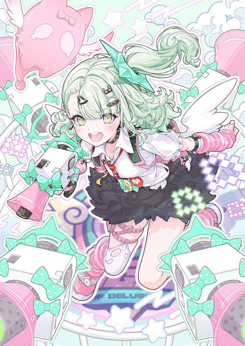 1girl, arm_warmers, backpack, bag, black_skirt, bow, collared_shirt, commentary, english_commentary, green_hair, highres, leg_warmers, long_hair, looking_at_viewer, muto_(n0sug4r), open_mouth, pink_shoes, second-party_source, shirt, shoes, short_sleeves, single_thighhigh, skirt, smile, solo, striped_arm_warmers, striped_leg_warmers, sunna_(zenless_zone_zero), teeth, thighhighs, torn_clothes, torn_thighhighs, upper_teeth_only, white_shirt, white_thighhighs, white_wings, wings, zenless_zone_zero