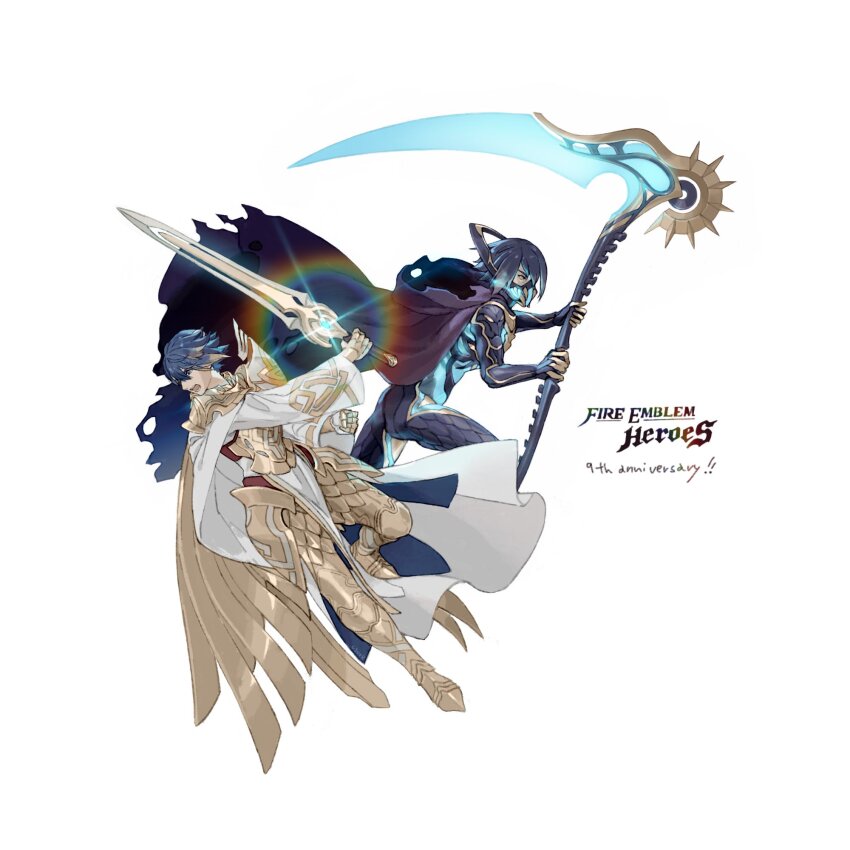 2boys, alfonse_(fire_emblem), alfonse_(opening_miracle)_(fire_emblem), armor, blonde_hair, blue_eyes, blue_hair, commentary_request, fire_emblem, fire_emblem_heroes, folkvangr_(fire_emblem), highres, holding, holding_scythe, lif_(fire_emblem), luce-in-the-sky, multiple_boys, nintendo, official_alternate_costume, scale_armor, scythe