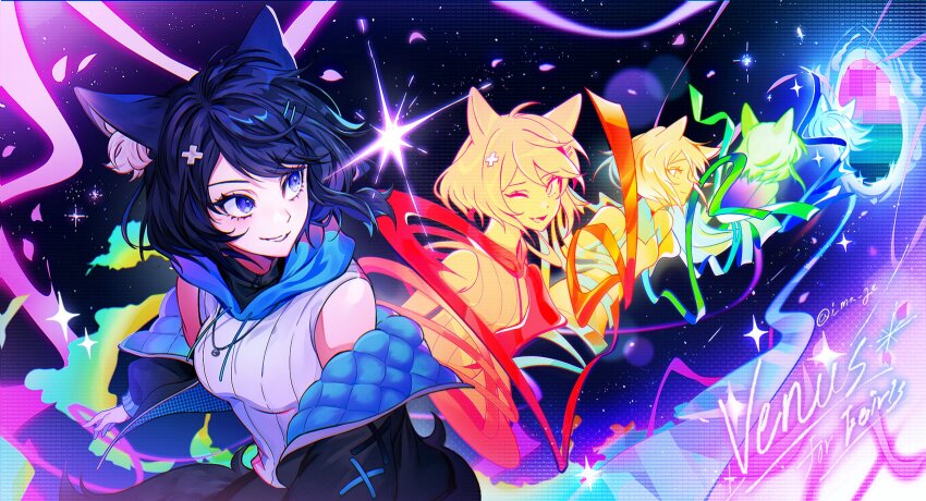 1girl, :d, animal_ears, blue_eyes, commentary, d-pad, d-pad_hair_ornament, eeiris_zuro, fox_ears, hair_ornament, highres, i_ma_ge, jacket, kitsune, neobaka, open_mouth, portal_(object), shirt, short_hair, sleeveless, sleeveless_shirt, smile, untranslatable_commentary, tail, virtual_youtuber, white_shirt