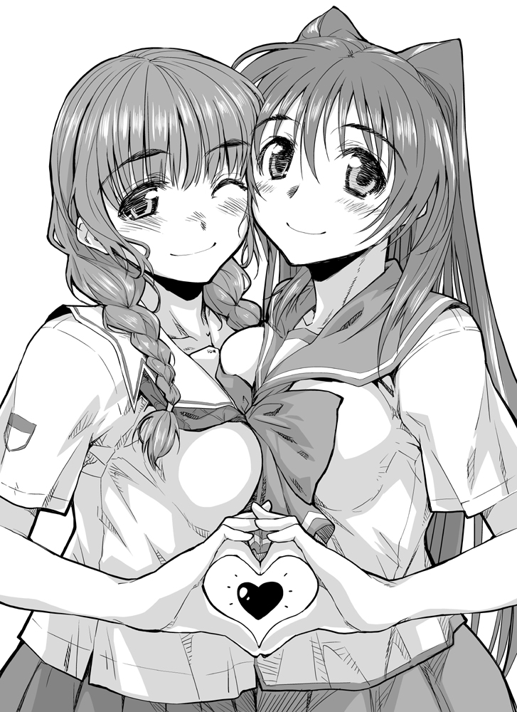 2girls, four-finger_heart_hands, asymmetrical_docking, blush, bow, braid, breast_press, breasts