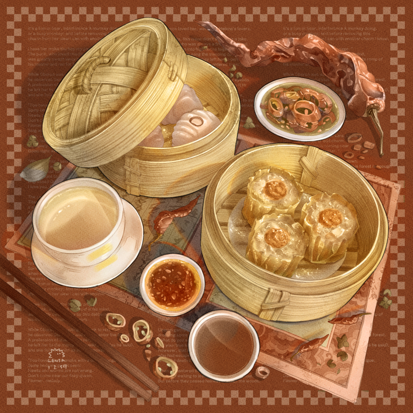 absurdres, bamboo_steamer, chili_pepper, cup, drink, dumpling, english_text, food