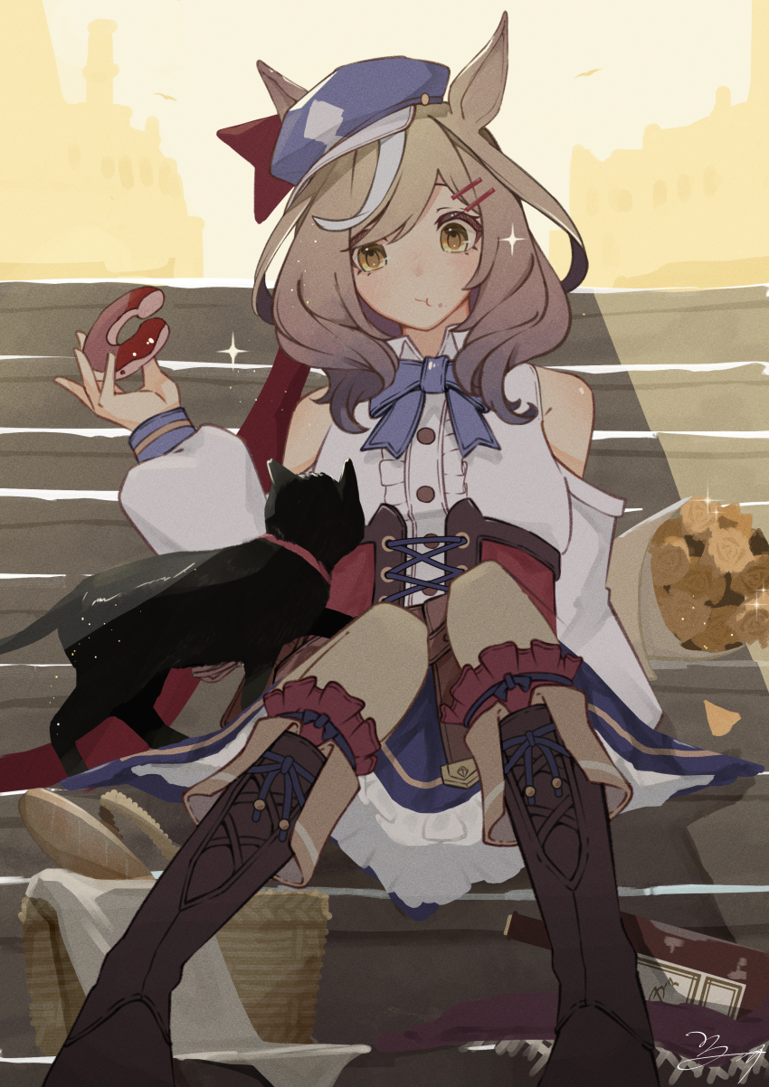 1girl, absurdres, animal_ears, bare_shoulders, basket, black_cat, blue_bow, blue_hat