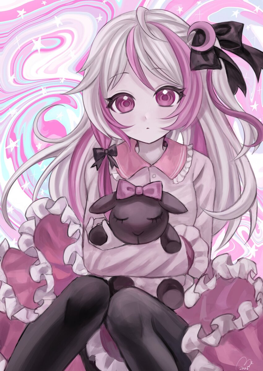 1girl, baby_animal, black_pantyhose, bow, collared_shirt, commission, eyelashes, frilled_skirt