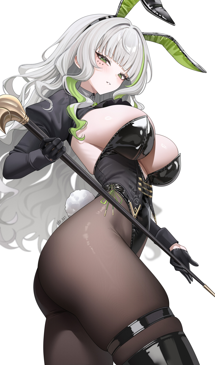 1girl, abpart, absurdres, alternate_costume, animal_ears, black_leotard, breasts, brown_pantyhose, cane, commentary, english_commentary, fake_animal_ears, firenze_(stella_sora), green_eyes, green_hair, grey_hair, highres, holding, holding_cane, large_breasts, leotard, long_sleeves, looking_at_viewer, mixed-language_commentary, multicolored_hair, pantyhose, playboy_bunny, puffy_long_sleeves, puffy_sleeves, rabbit_ears, simple_background, solo, stella_sora, thighs, two-tone_hair, white_background, wide_hips