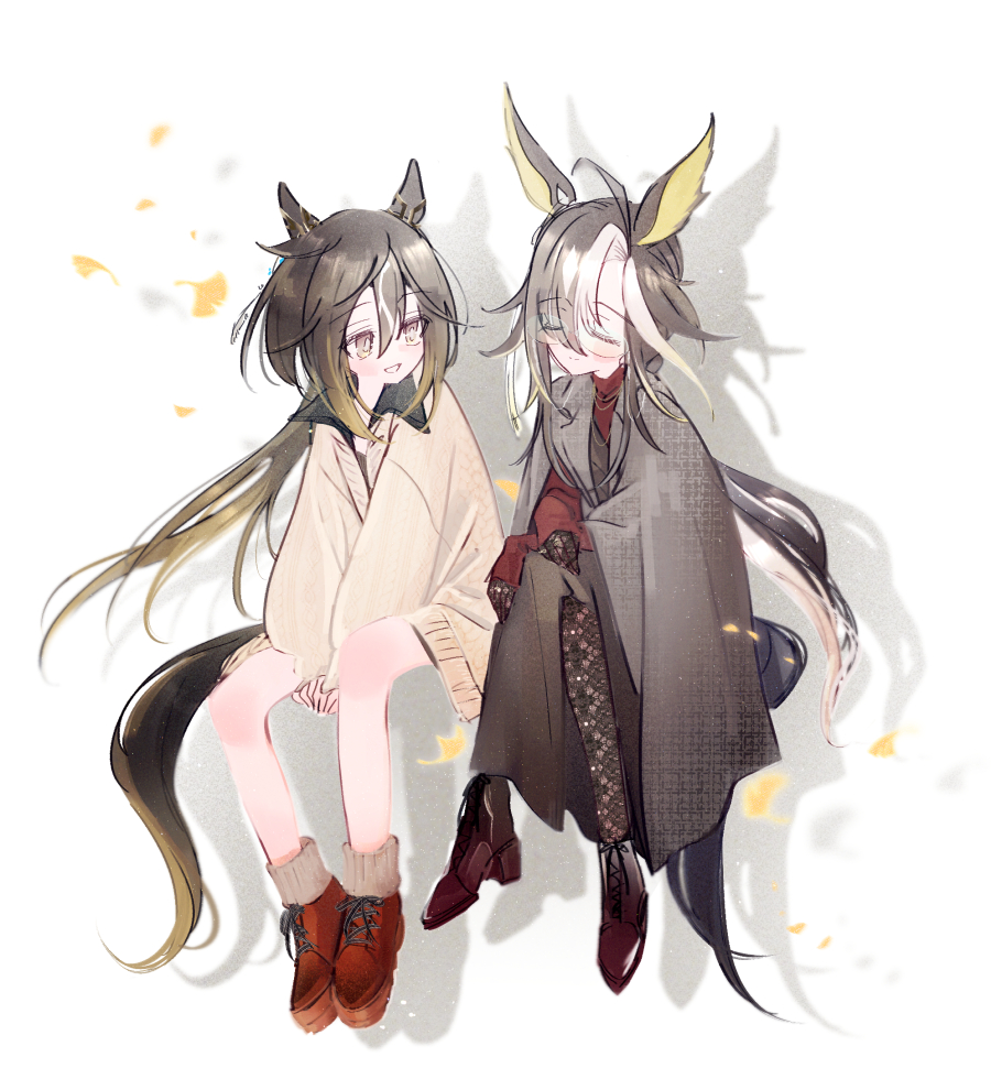 2girls, ahoge, animal_ears, black_hair, black_shawl, blush, bright_pupils, brown_eyes