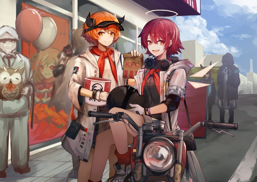 2girls, absurdres, amiya_(arknights), arknights, colonel_sanders, commentary_request, croissant_(arknights), doctor_(arknights)