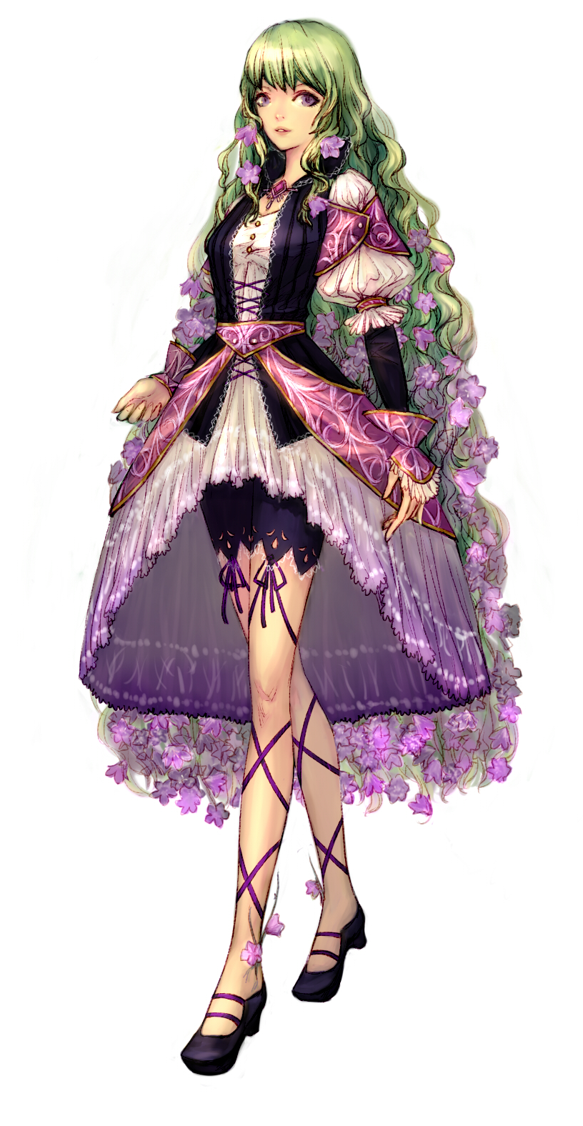 1girl, ankle_flower, dress, echoes_(artist), echoes_(cassandratree), female_focus, flower, hair_flower, hair_ornament, high_heels, highres, long_hair, original, shoes, solo