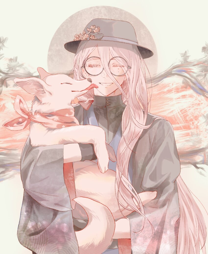 1boy, ;d, animal, black_gloves, black_hat, black_jacket, black_shirt, blue_kimono